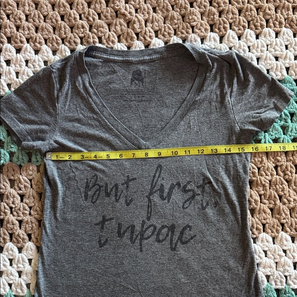 Gray But First Tupac V-Neck Graphic Tee Shirt Fitted Top Womans sz Medium - Picture 3 of 5